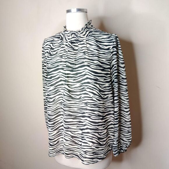 J Crew Zebra Stripe Chiffon Blouse Mock Neck Black White Long Sleeve - Picture 4 of 9